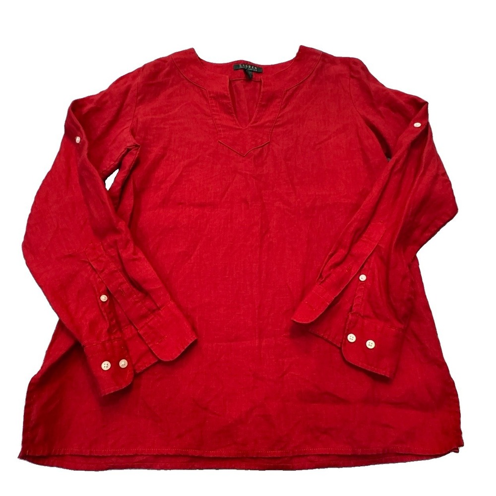 Lauren Ralph Lauren 100% Linen Size Medium Red Tunic Shirt Long Sleeve Roll Tab